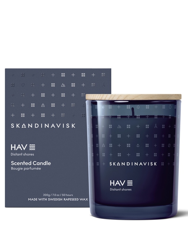 Skandinavisk HAV Duftkerze 200 g im dunkelblauen Glas mit Holzdeckel und Originalverpackung