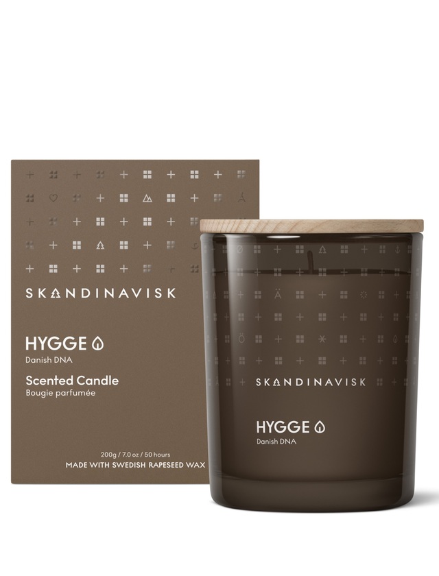 Skandinavisk HYGGE Duftkerze 200 g im braunen Glas mit Holzdeckel und Originalverpackung
