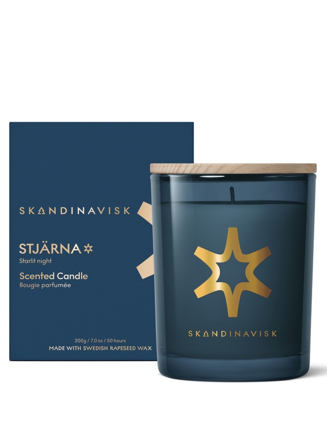 Skandinavisk STJÄRNA Duftkerze 200 g im dunkelblauen Glas mit goldenem Sternmotiv und Holzdeckel