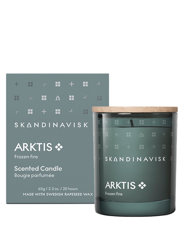 Skandinavisk ARKTIS Duftkerze 65 g im graugrünen Glas mit Holzdeckel und Geschenkverpackung