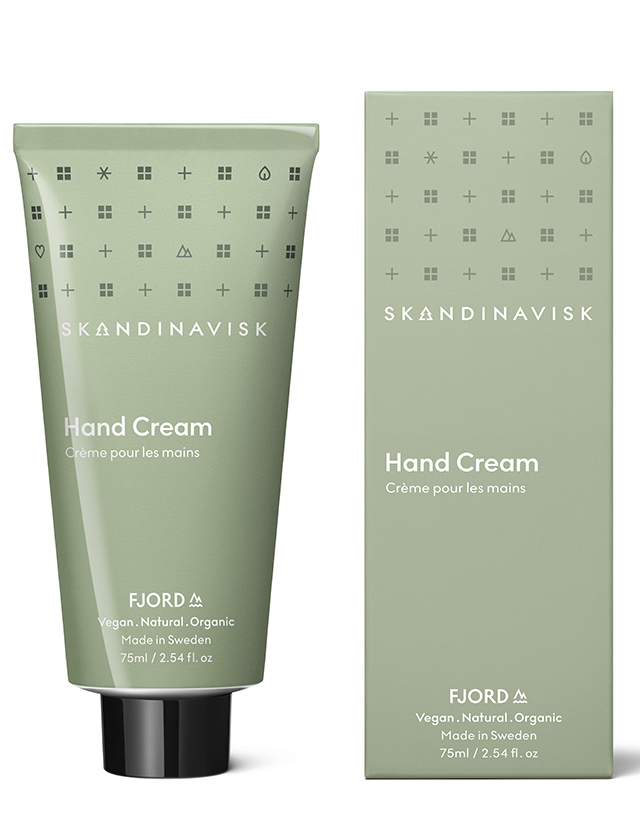 Skandinavisk FJORD Handcreme 75 ml mit grüner Tube und Verpackung, vegane Handpflege aus Schweden