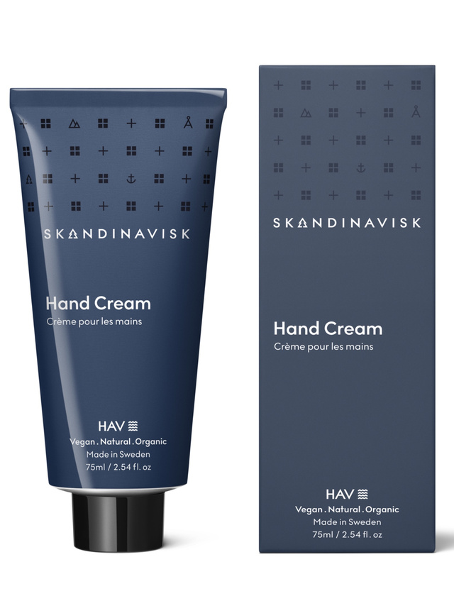 Skandinavisk HAV Handcreme 75 ml mit dunkelblauer Tube und Verpackung, vegane Handpflege aus Schweden