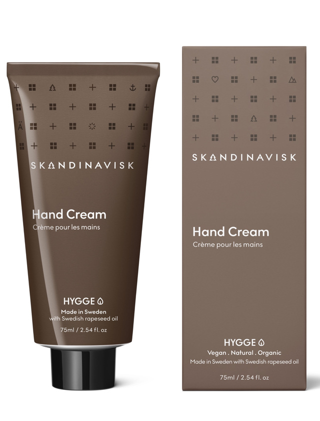 Skandinavisk HYGGE Handcreme 75 ml mit brauner Tube und Verpackung, Handpflege mit schwedischem Rapsöl