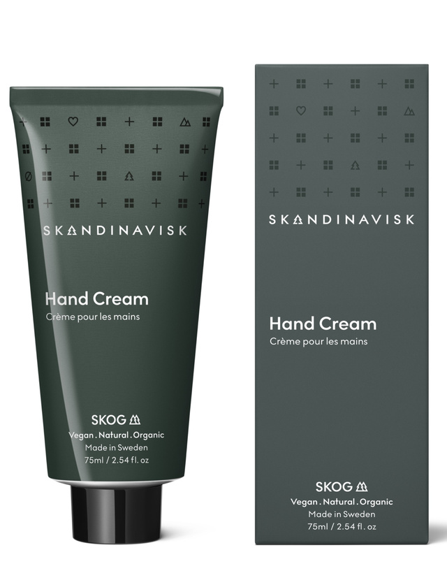 Skandinavisk SKOG Handcreme 75 ml mit dunkelgrüner Tube und Verpackung, vegane Handpflege aus Schweden