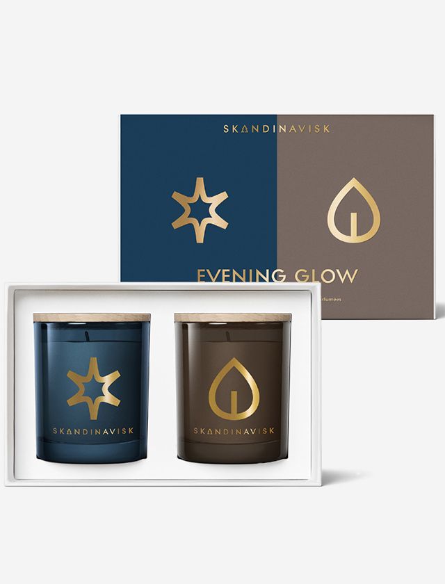 Skandinavisk EVENING GLOW Geschenkset mit zwei 65-g-Duftkerzen in den Düften HYGGE und STJÄRNA in festlicher Geschenkverpackung
