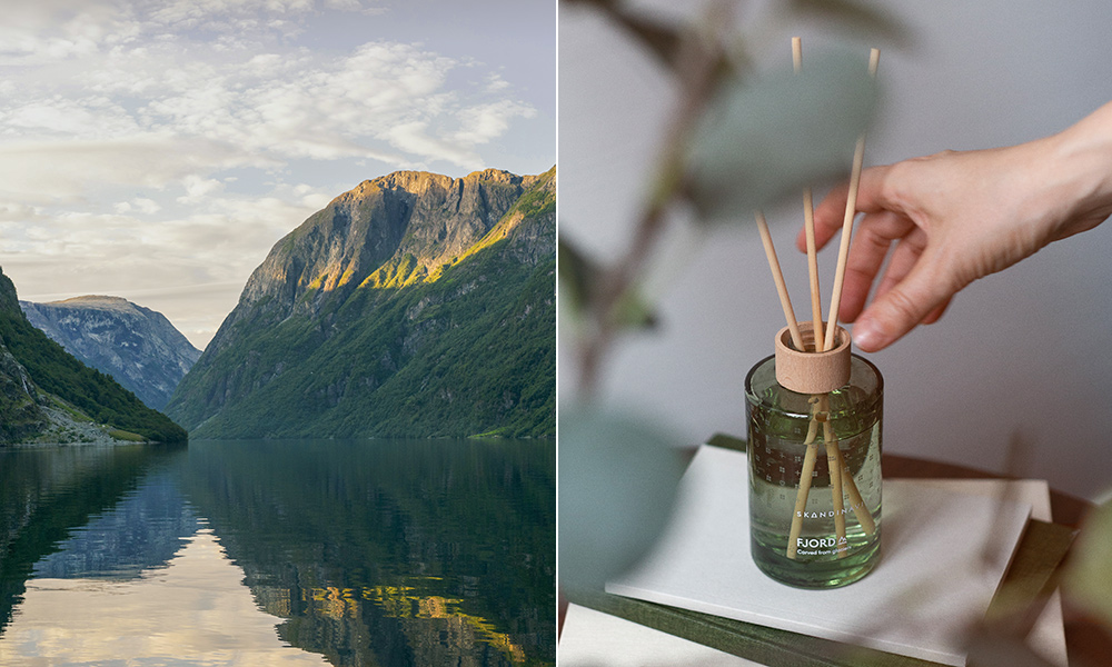 Skandinavisk FJORD Duftwelt mit norwegischer Fjordlandschaft und FJORD Raumduft-Diffuser mit Duftstäbchen in skandinavischem Ambiente