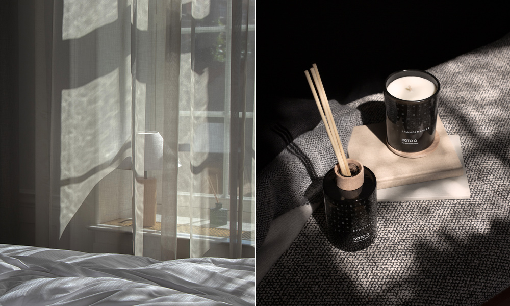 Skandinavisk KOTO Duftwelt mit KOTO Duftkerze und Raumduft in einem ruhigen, skandinavisch eingerichteten Schlafzimmer