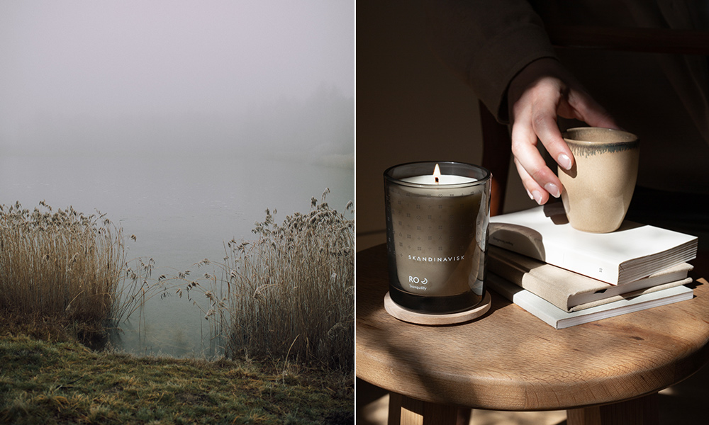 Skandinavisk RO Duftkerze neben Büchern und Tasse, kombiniert mit einer stillen skandinavischen Seenlandschaft im Nebel