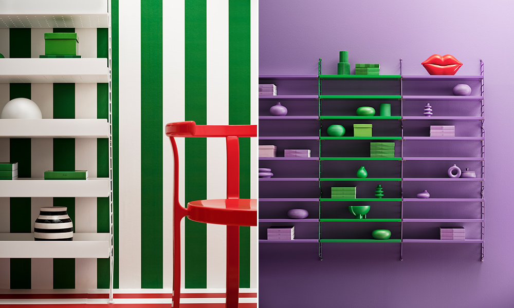 Das String-System von String Furniture, in Weiß und Metall, ergänzt durch das String Pocket in Grün und Lila, spiegelt eine Ära wider, in der Yahoo dominierte und die Berliner Mauer fiel. In Zeiten von "Friends", der Veröffentlichung von "Harry Potter" und dem Aufkommen von Primärfarben, die lebhaft unsere Umgebung von Tapeten bis hin zu Sofas eroberten, vereint dieses Regal Geschichte und Design.
