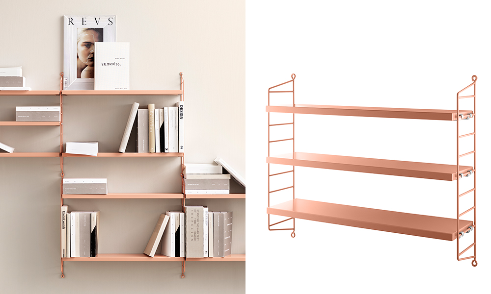 String Pocket Regal in Blush - ist angelehnt an die Pantone Trendfarbe 2019 Living Coral - das zarte Rosa setzt dezente farbige Akzente in Ihrer Wohnung. Setzten Sie mehrere String Pocktes vertikal und horzontal aneinander und erstellen Sie somit ein funktionelles Bücherregal.