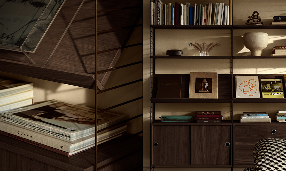 String Furniture Regalsystem mit Regalböden und Schränken in Dark Oak Furnier sowie dunkelbraunen Wandleitern. Das skandinavische Regal wird stilvoll mit Büchern, Dekoration und Wohnaccessoires in warmem Licht präsentiert.