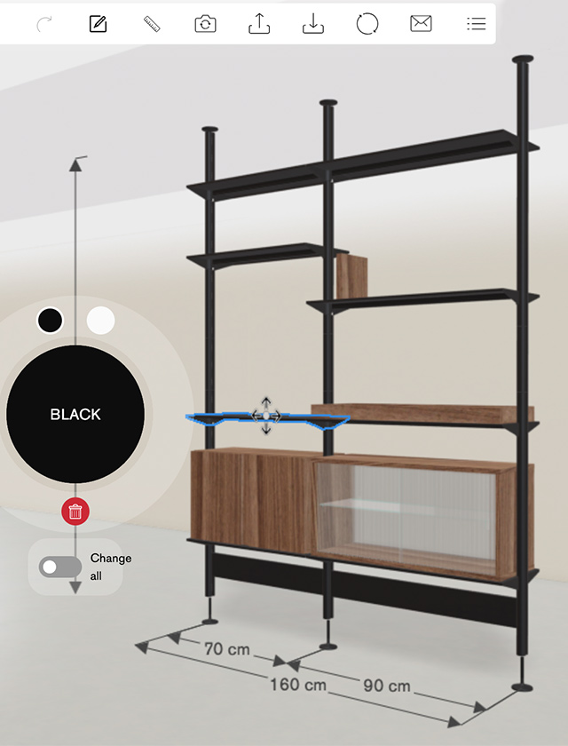 String Furniture Pira System Regal Konfigurator mit schwarzem Pira Regalsystem, Regalböden und Schrankelementen – Maße, Farben und Module individuell online planen.